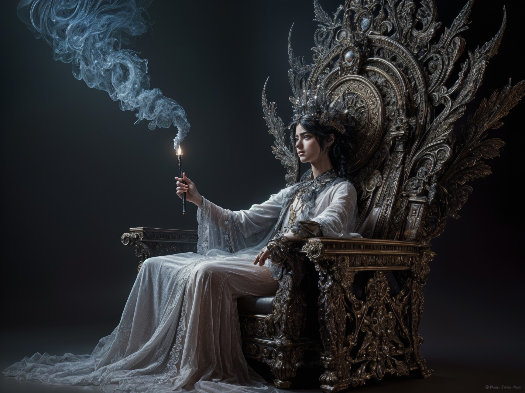 Regal figure on ornate throne with candlelight glow
