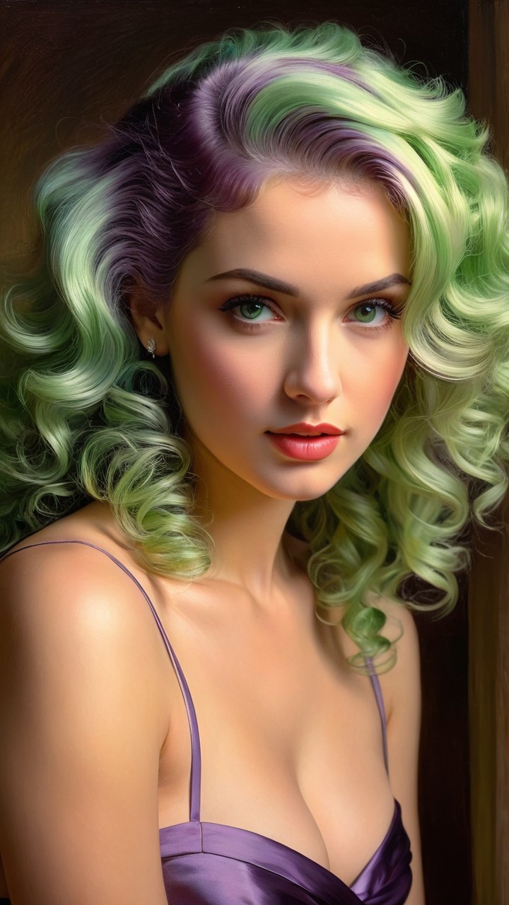 Young woman with vibrant purple and green hair