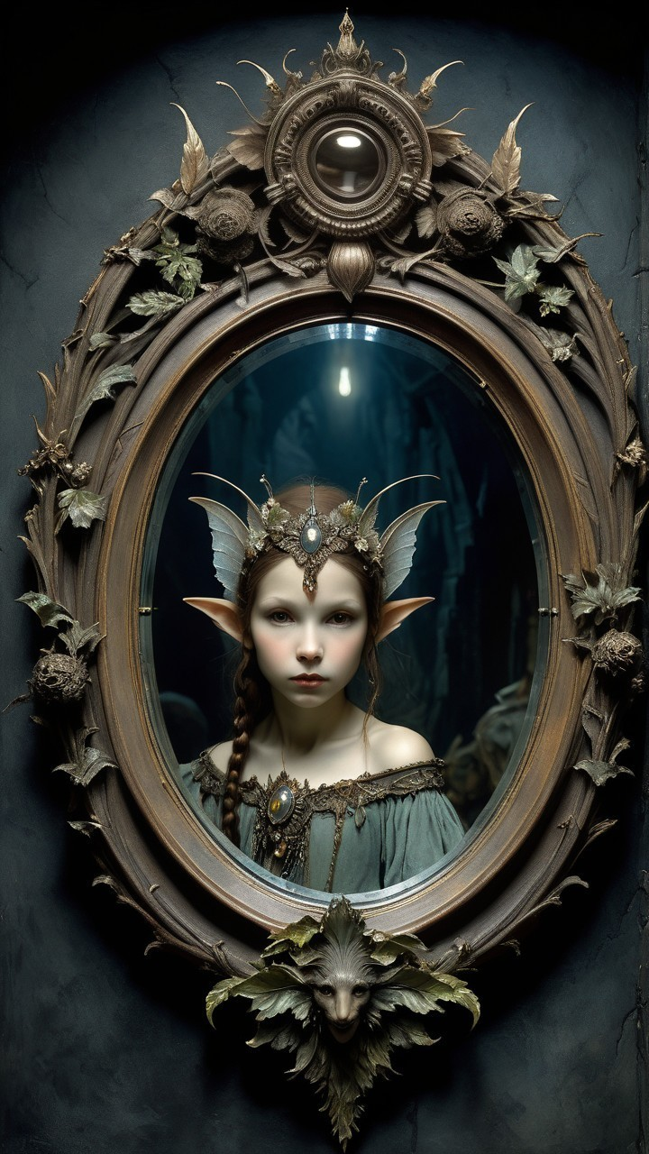 Young Elf Girl Gazing into an Antique Mirror
