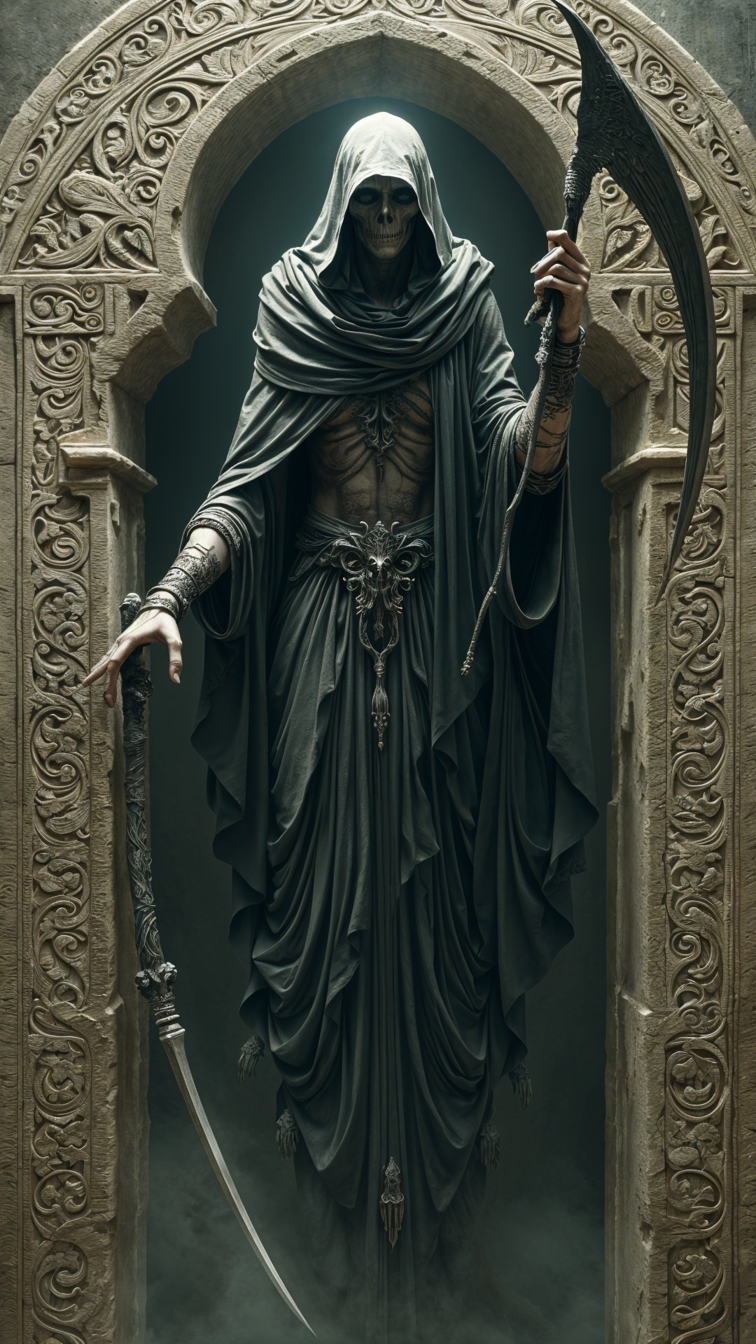 Skeletal figure in dark robes within ornate archway