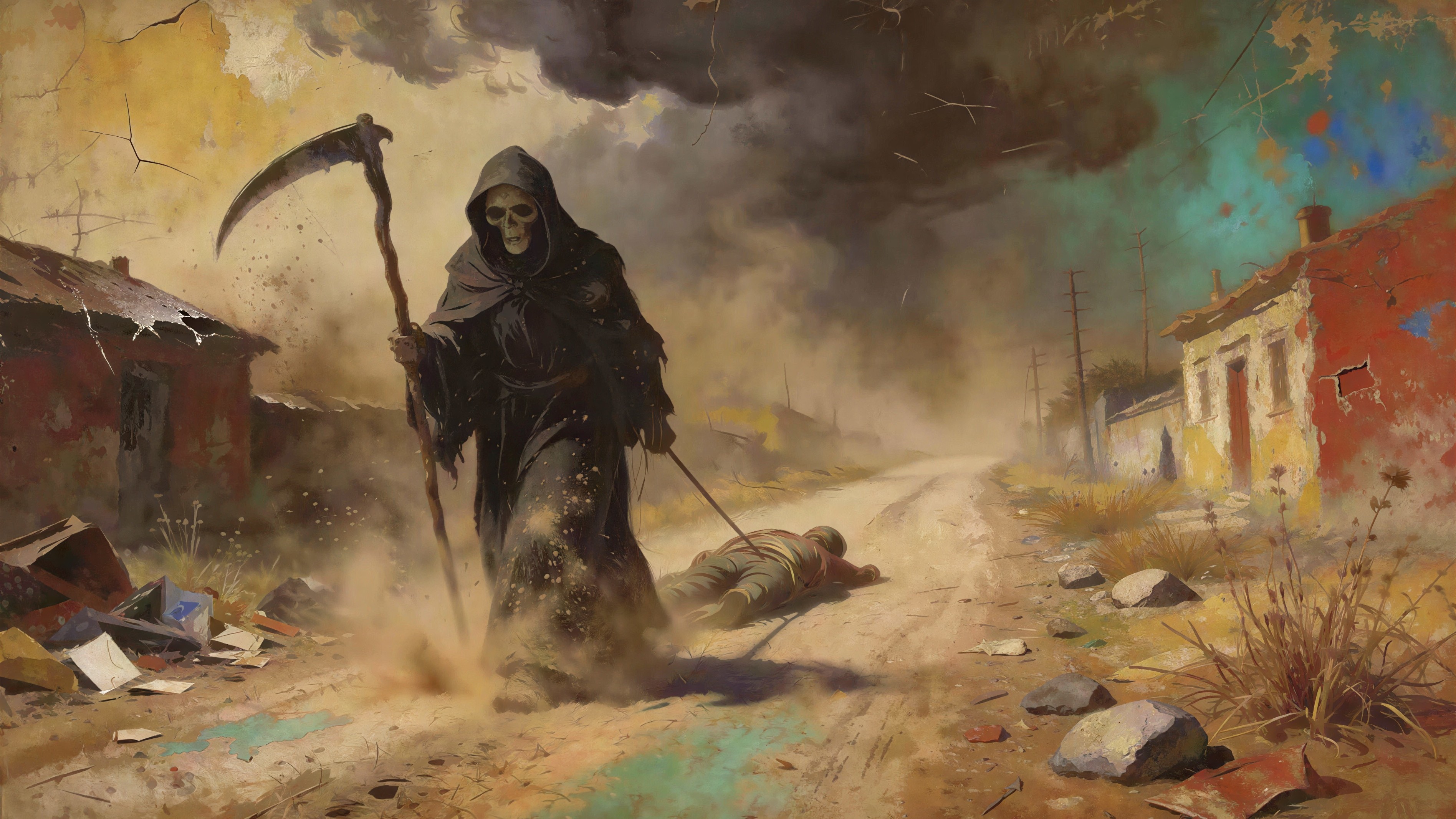 Grim Reaper in Desolate Landscape with Deceased Soldier