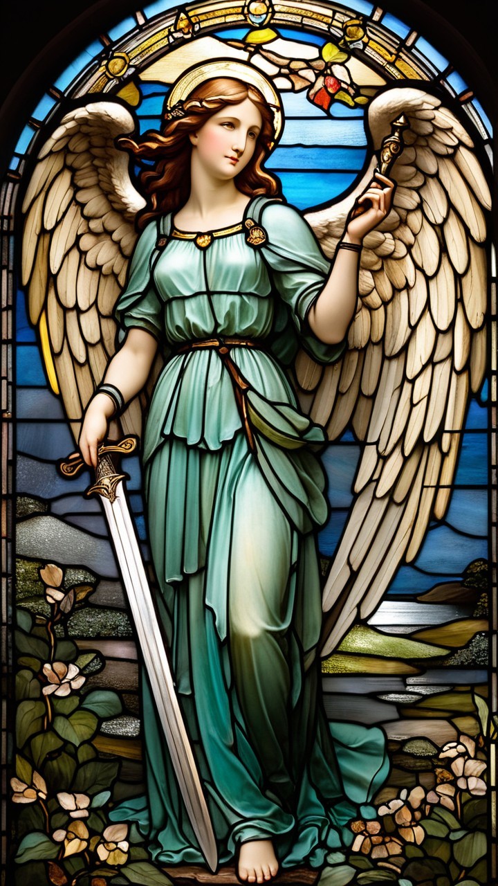 Stained Glass Window Featuring Angelic Figure and Landscape