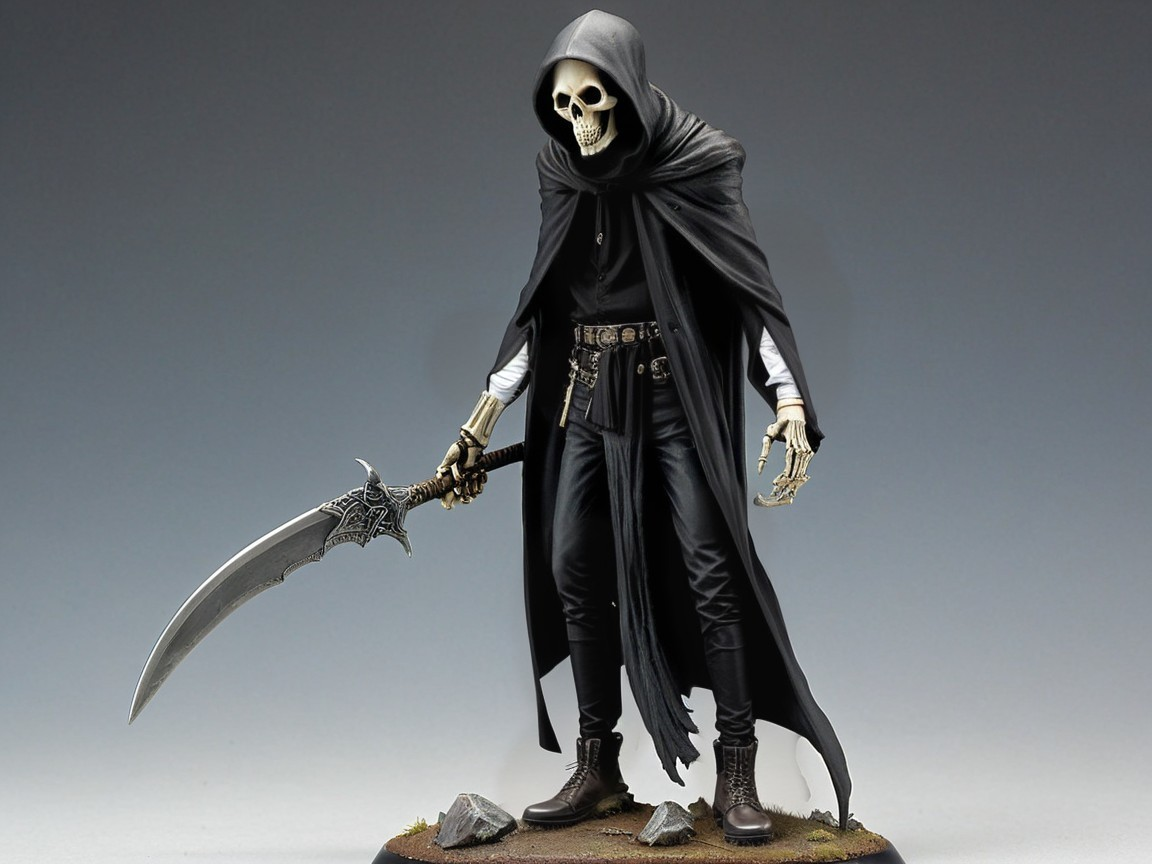 Skeletal Figure in Black Cloak with Scythe on Rocks