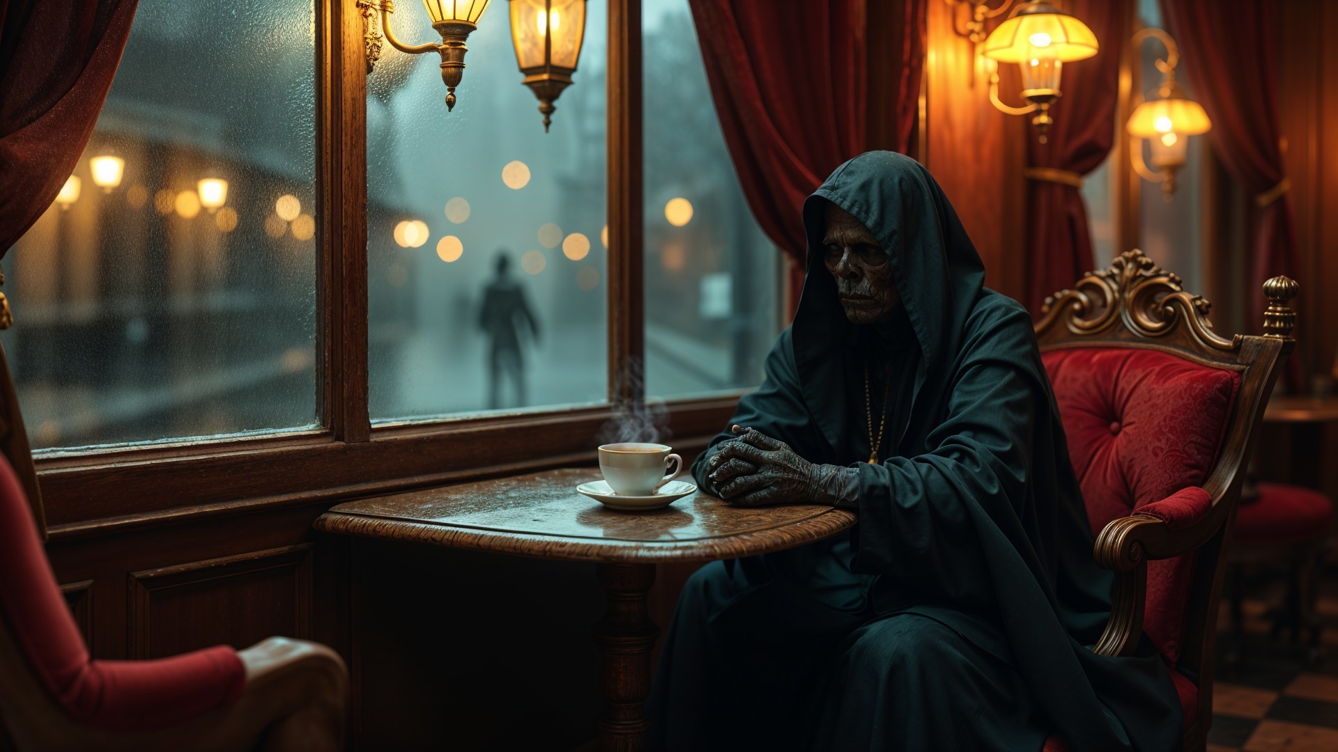 Cloaked skeleton in a café with rain-streaked window