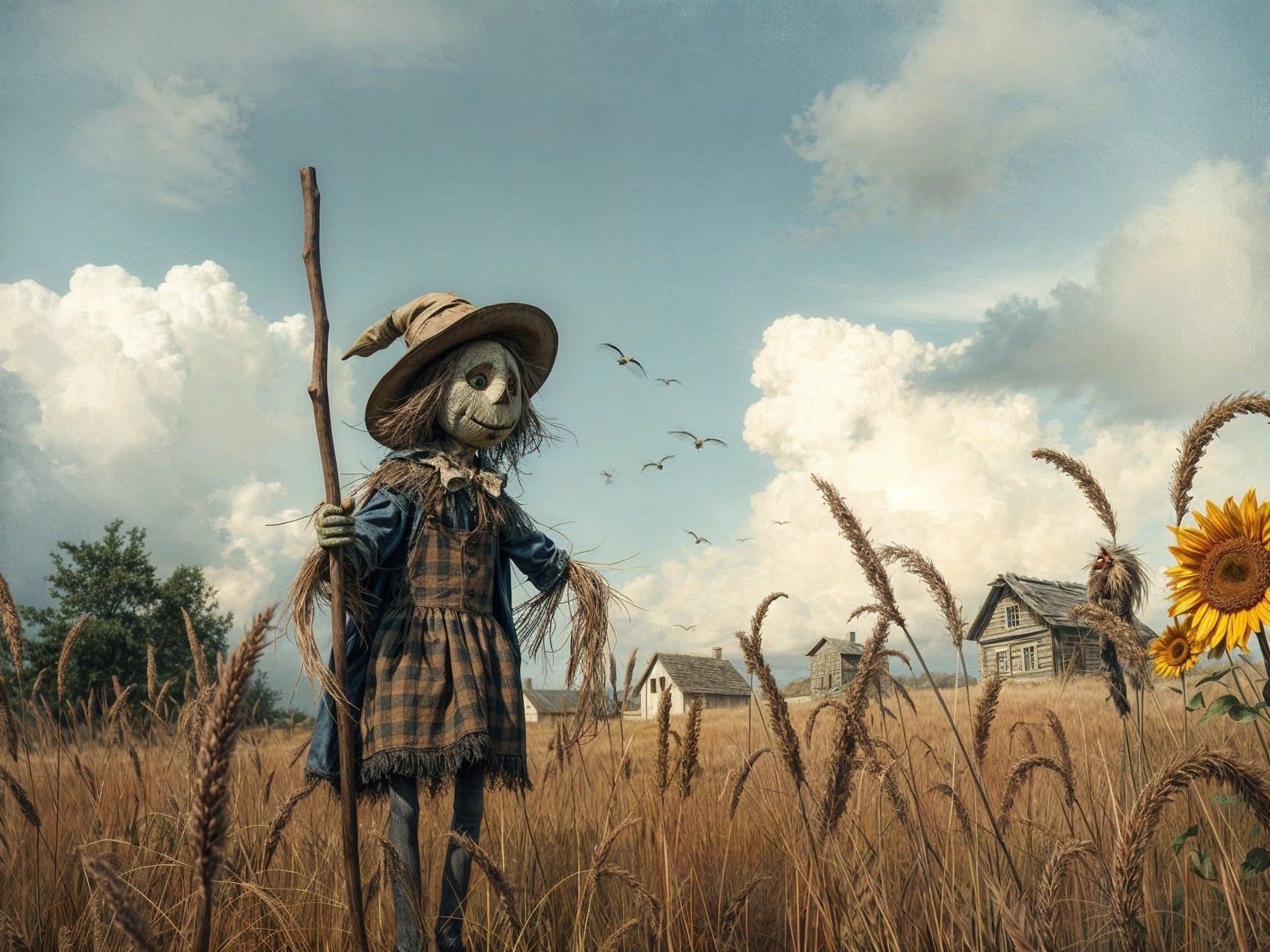 Whimsical Scarecrow in Golden Wheat Field Scene