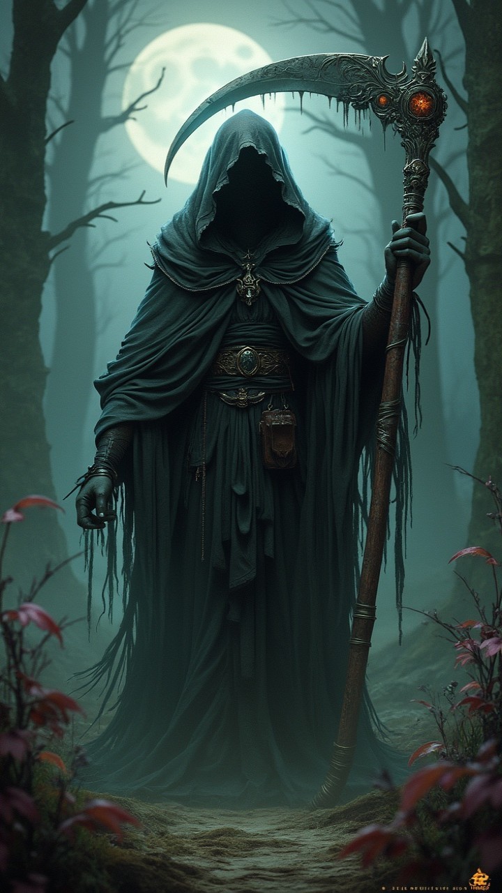 Dark Figure with Scythe in Misty Forest Scene
