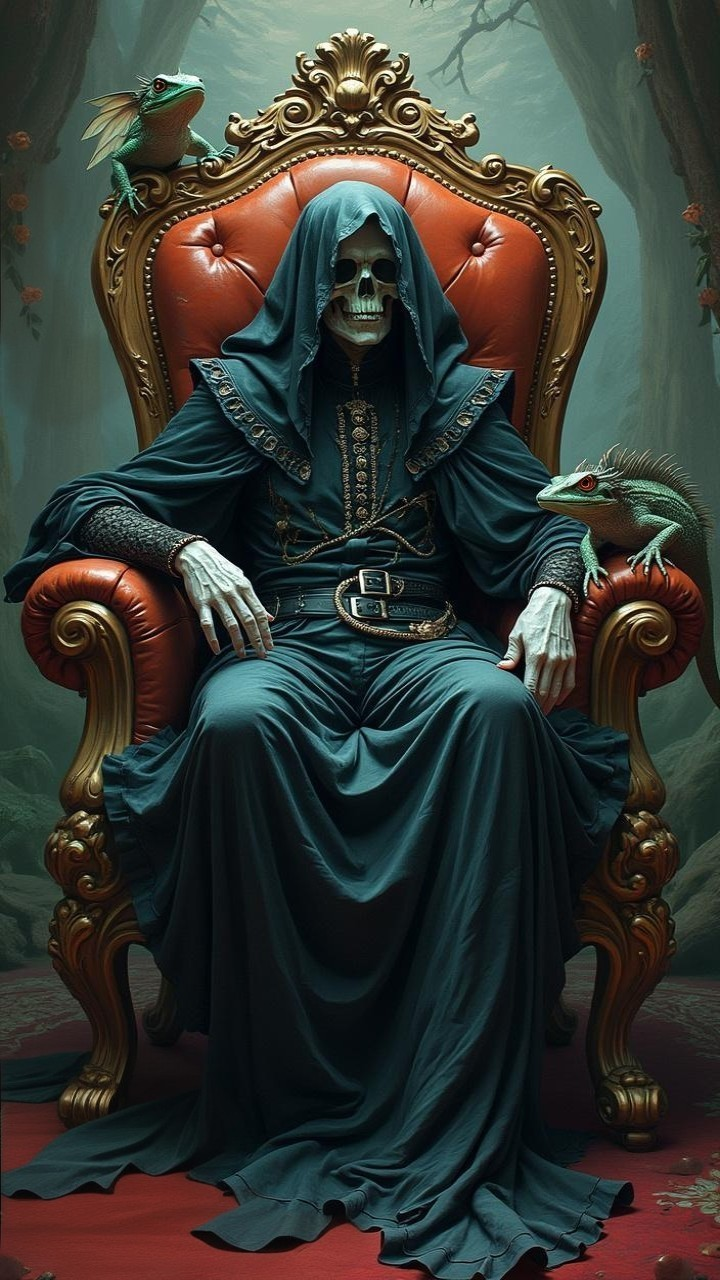 Skeletal Figure on Ornate Throne in Dark Forest Scene