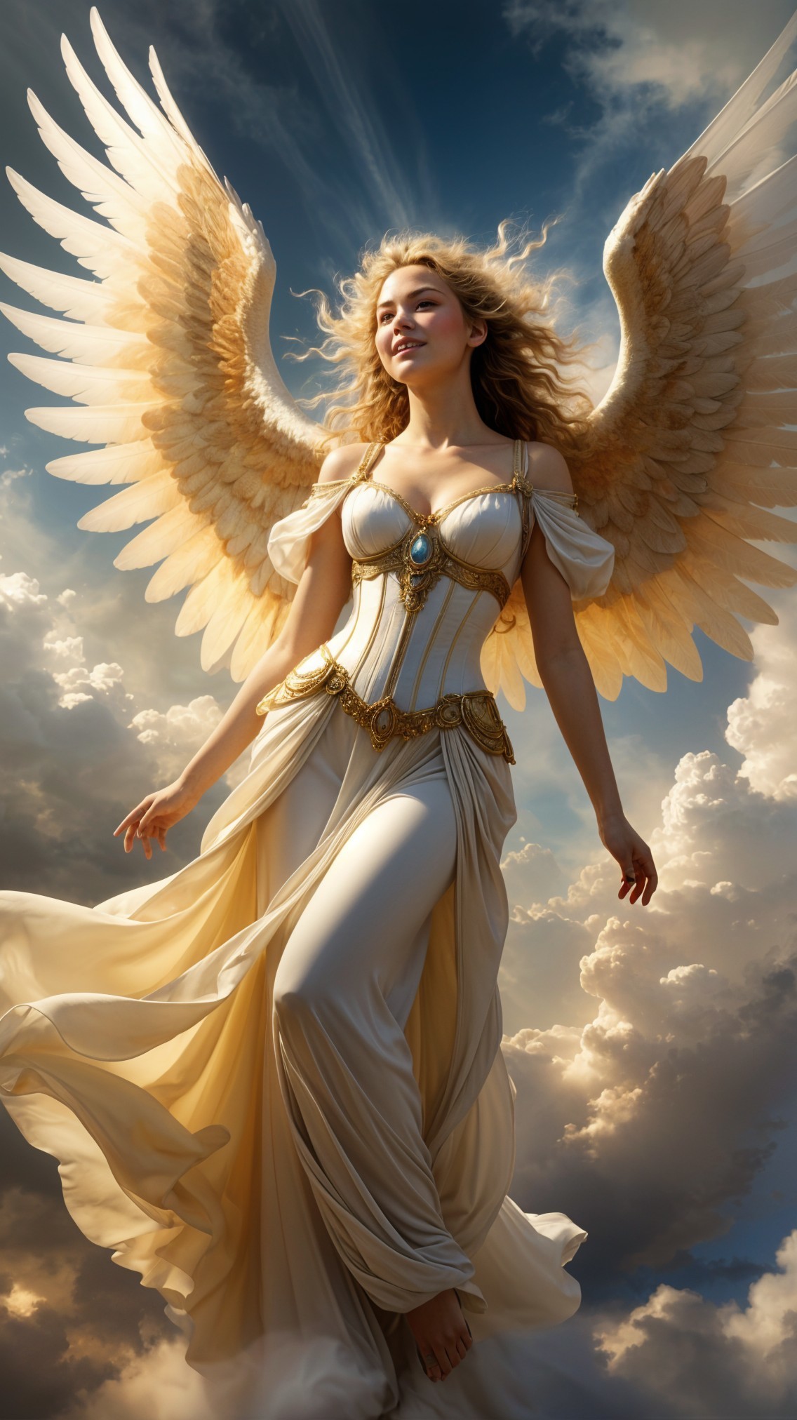 Angelic Figure in Dramatic Clouds with Luminous Wings