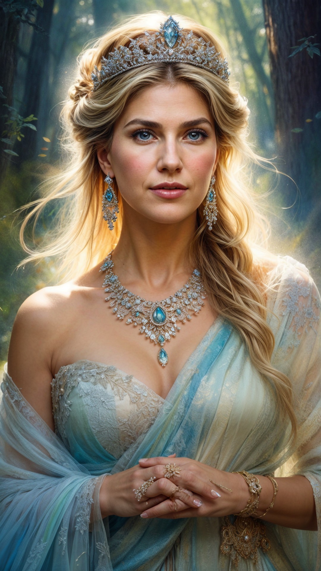 Regal woman in elegant gown in sunlit forest setting