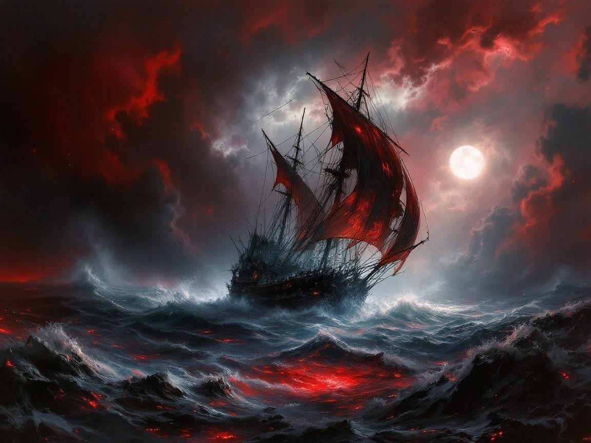 Menacing ship with tattered sails in stormy sea