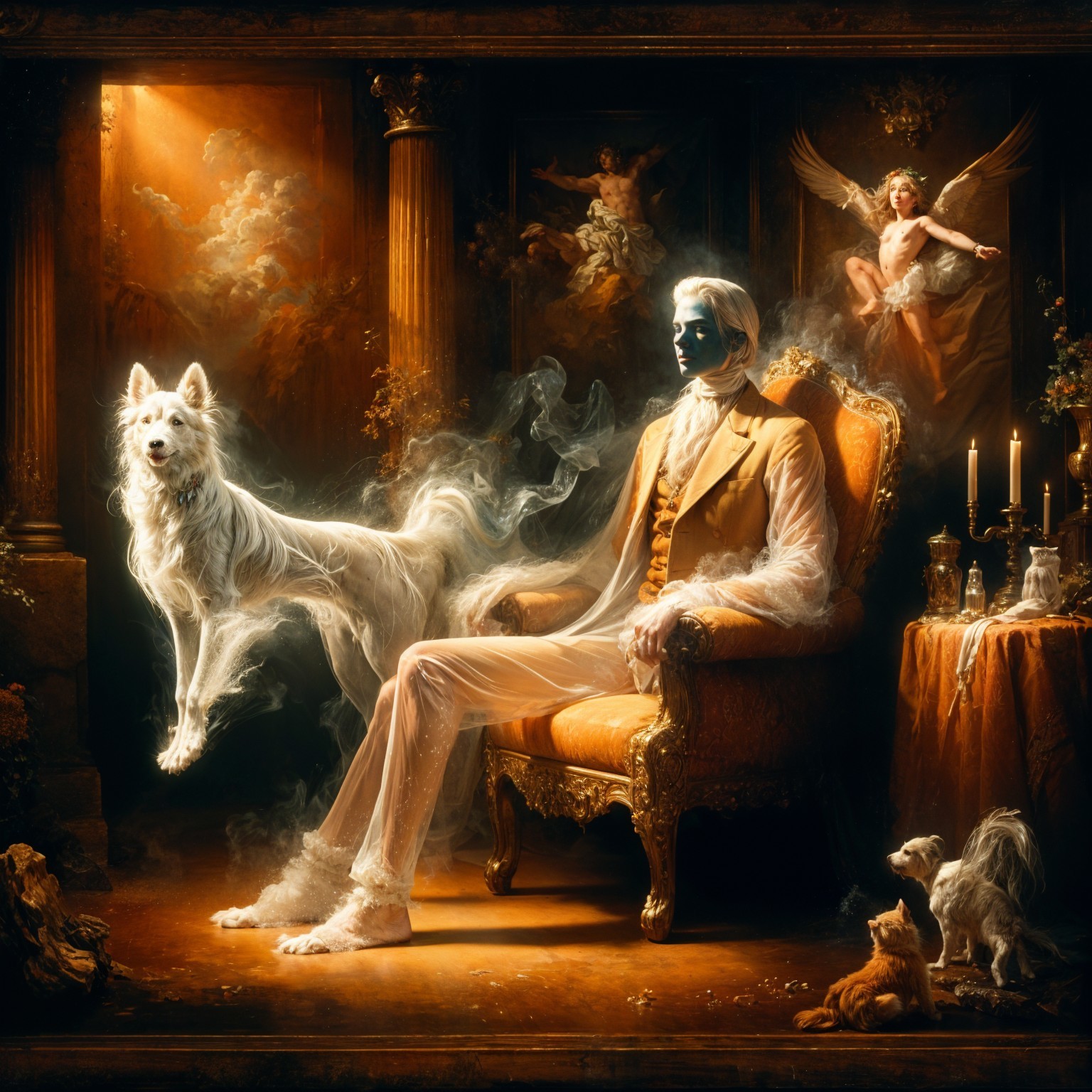 Spectral Figure and White Dog in Lavish Candlelit Room