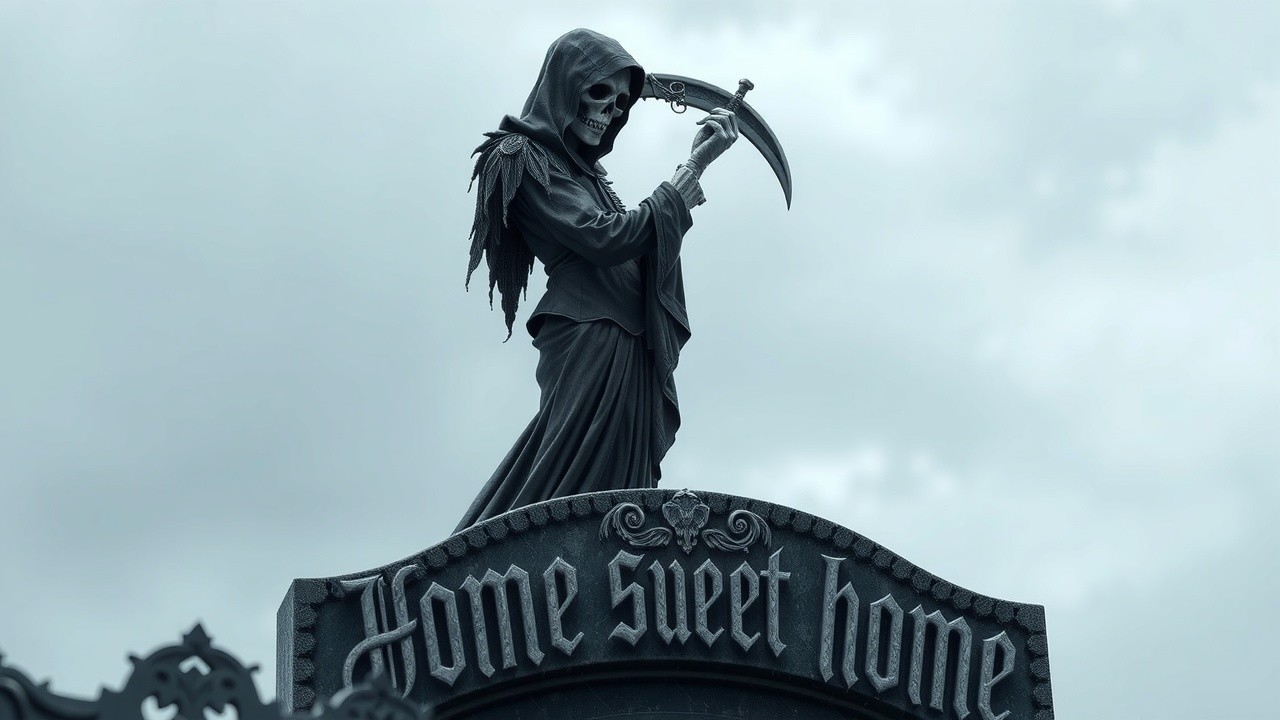 Skeletal Grim Reaper on "Home Sweet Home" Sign