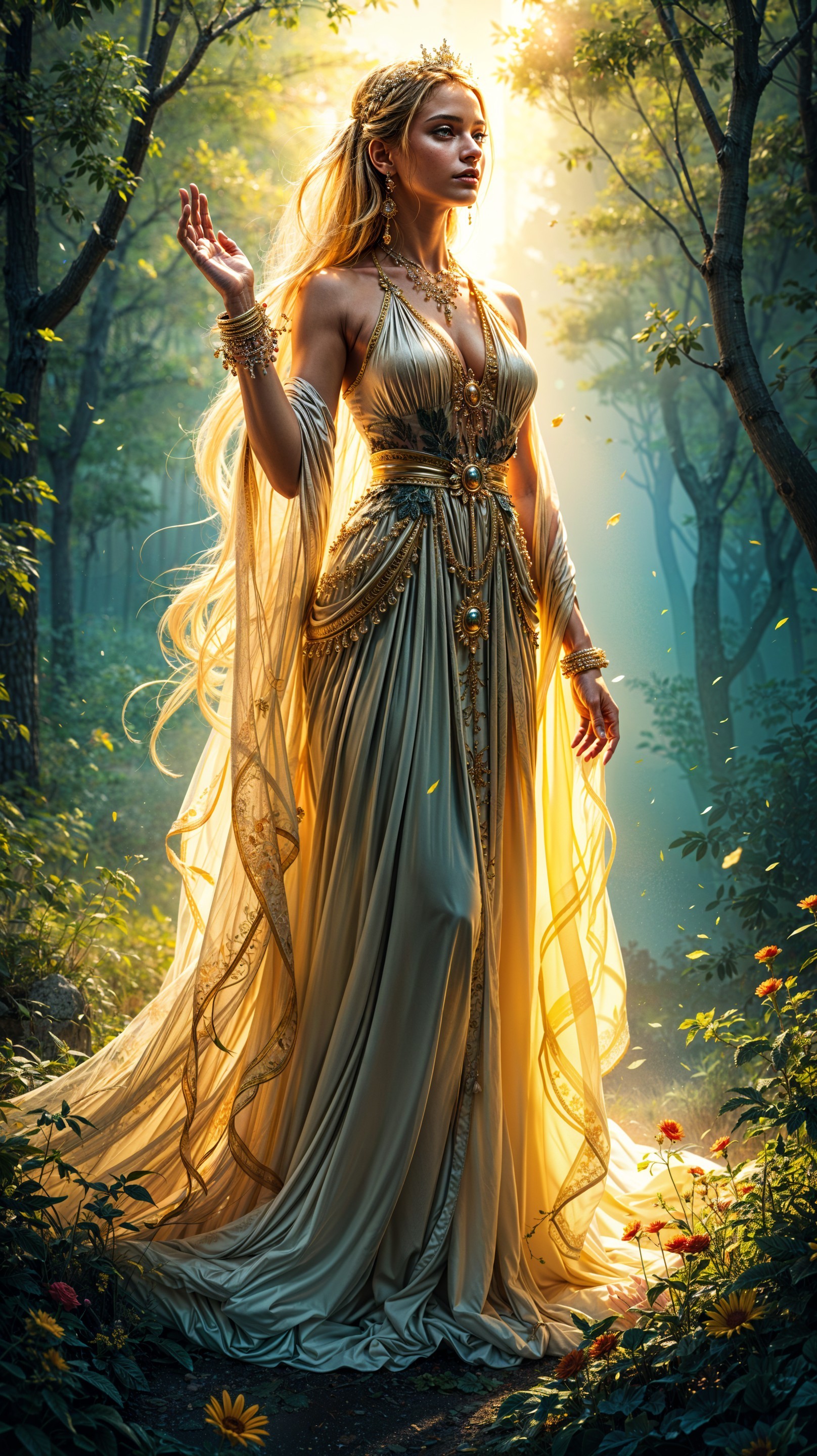 Radiant Figure in Sunlit Forest with Golden Gown