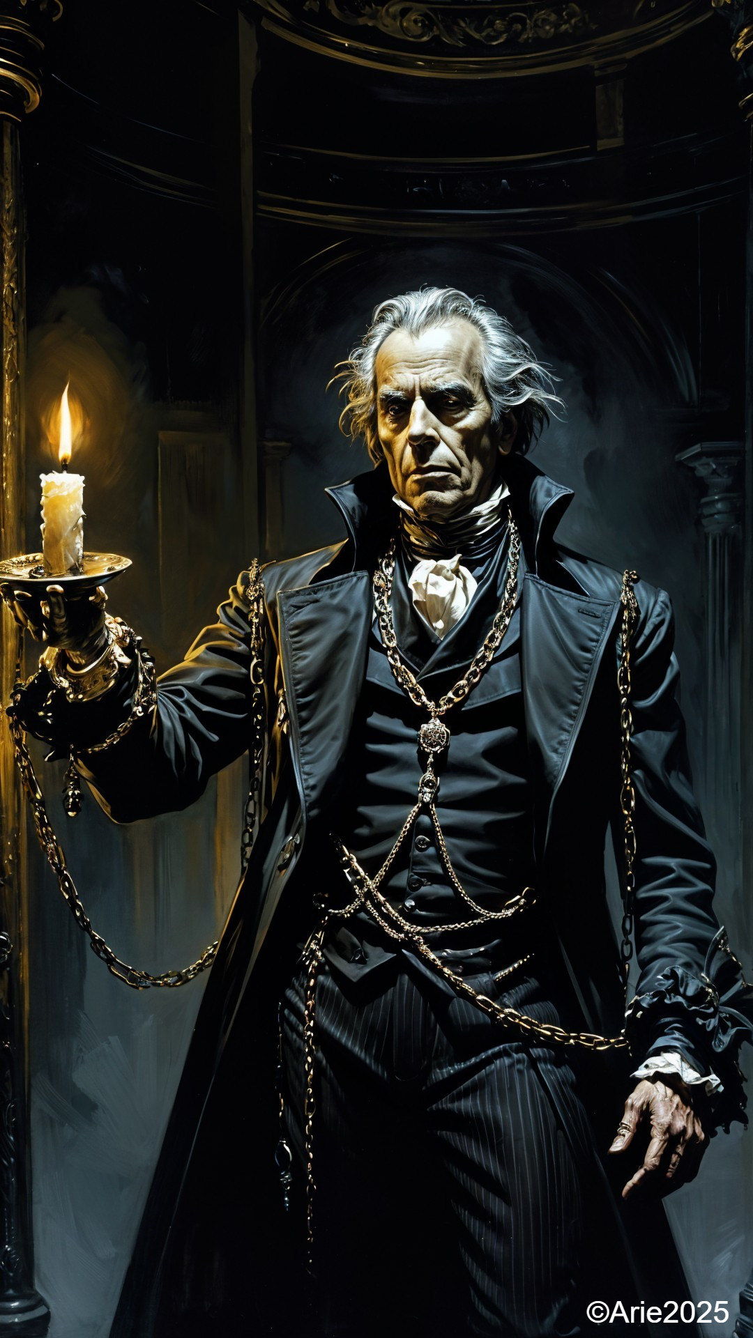 Gothic figure with candle in dark, elegant setting