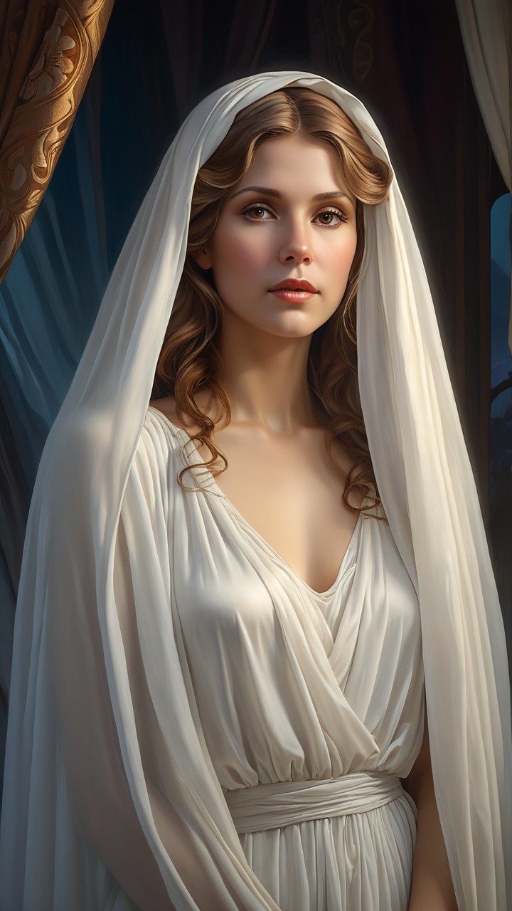 Young woman in white gown with veil in soft light