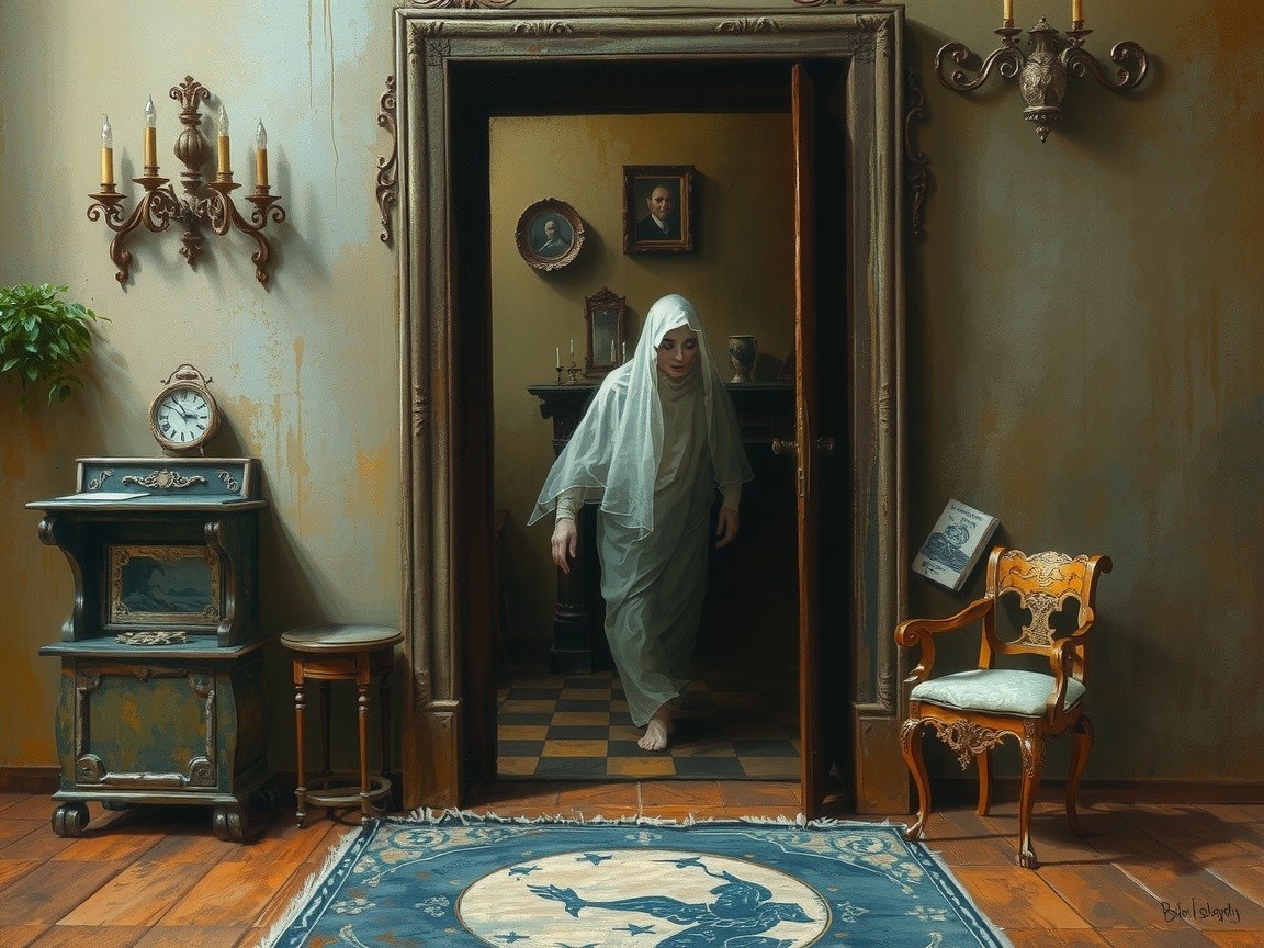 Mysterious Scene in a Dimly Lit Room with Spectral Figure
