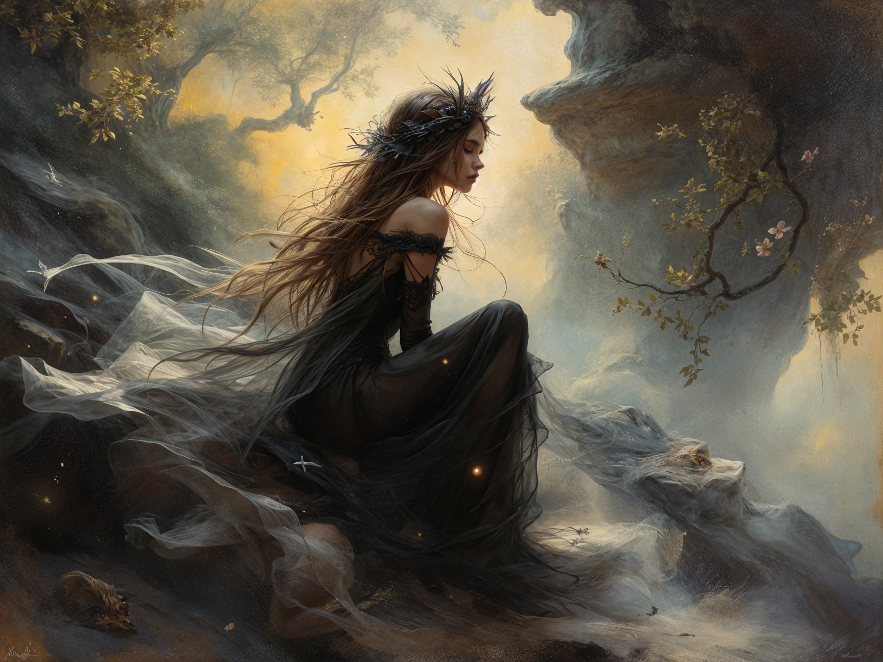 Serene figure in black dress on a rocky outcrop