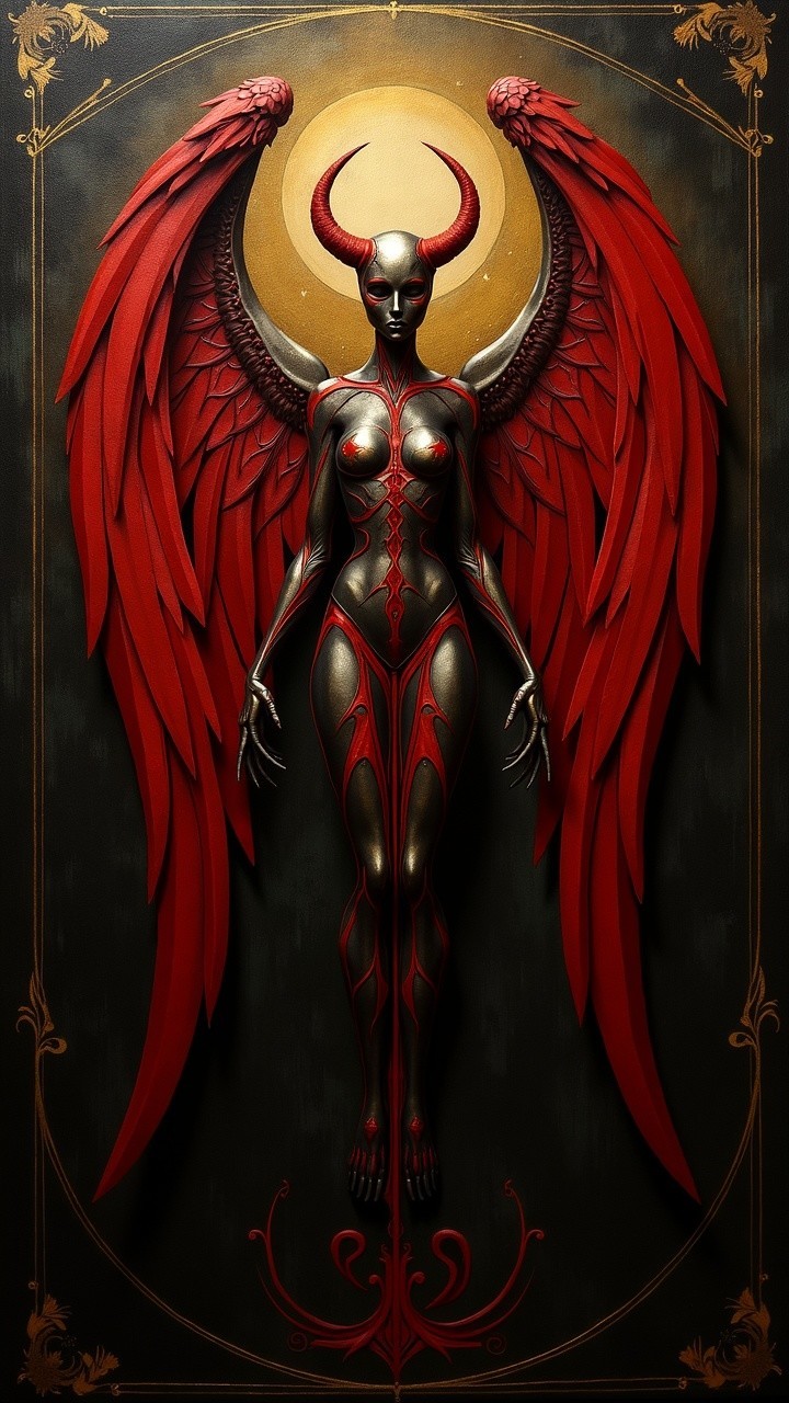 Figure with Human-Demonic Features and Angelic Wings