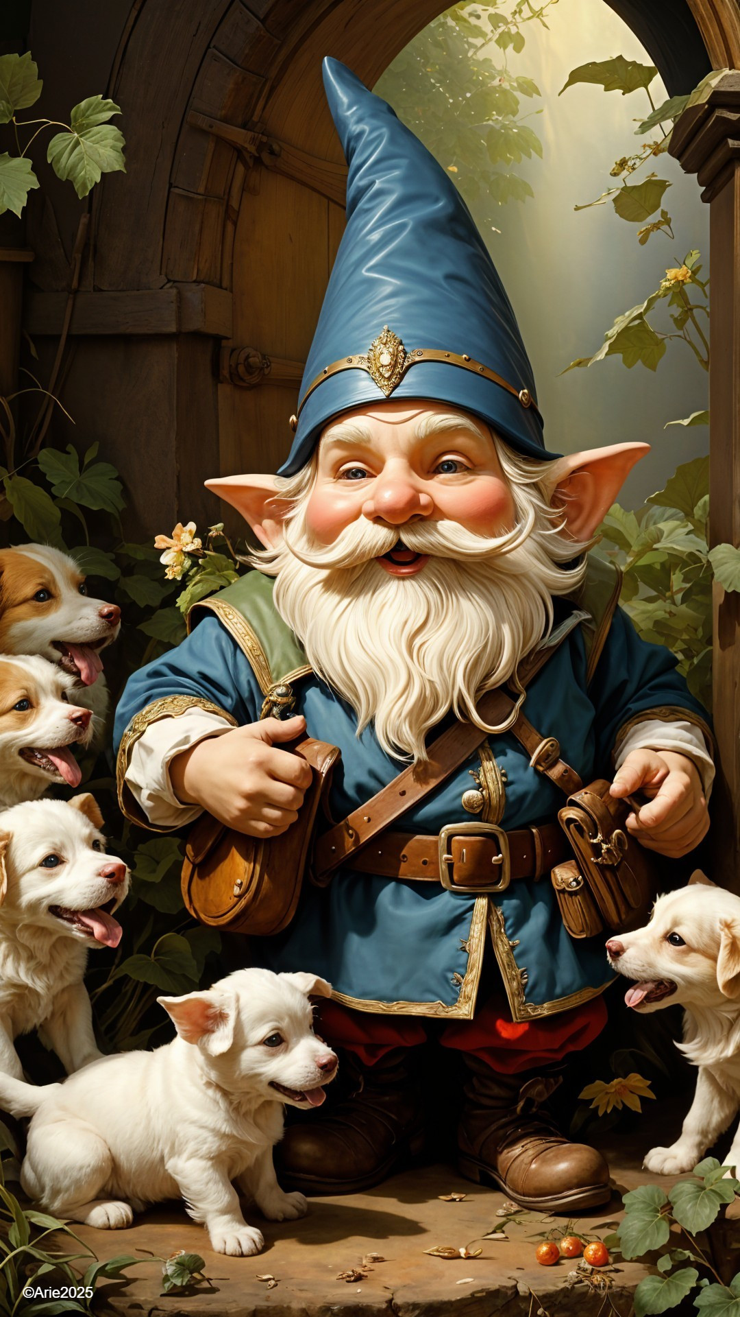 Cheerful gnome in garden with playful puppies