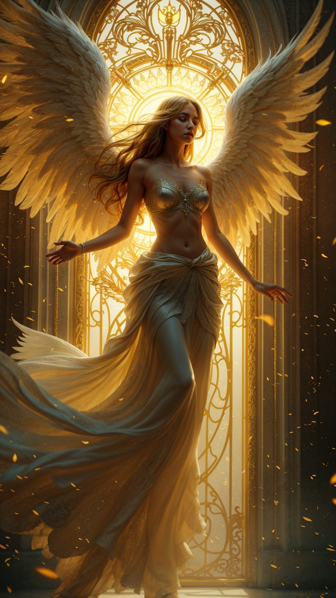 Majestic celestial figure with feathered wings by window