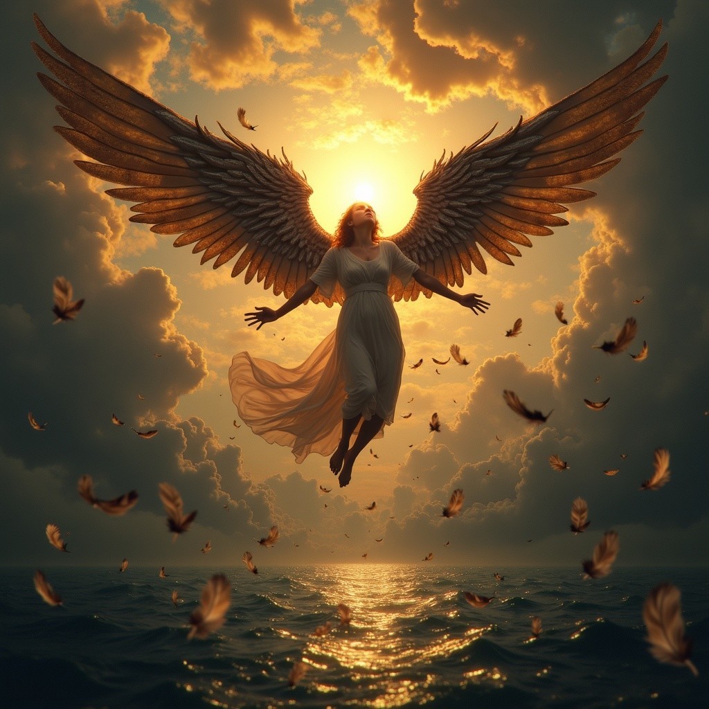 Majestic angel with detailed wings above sunset ocean