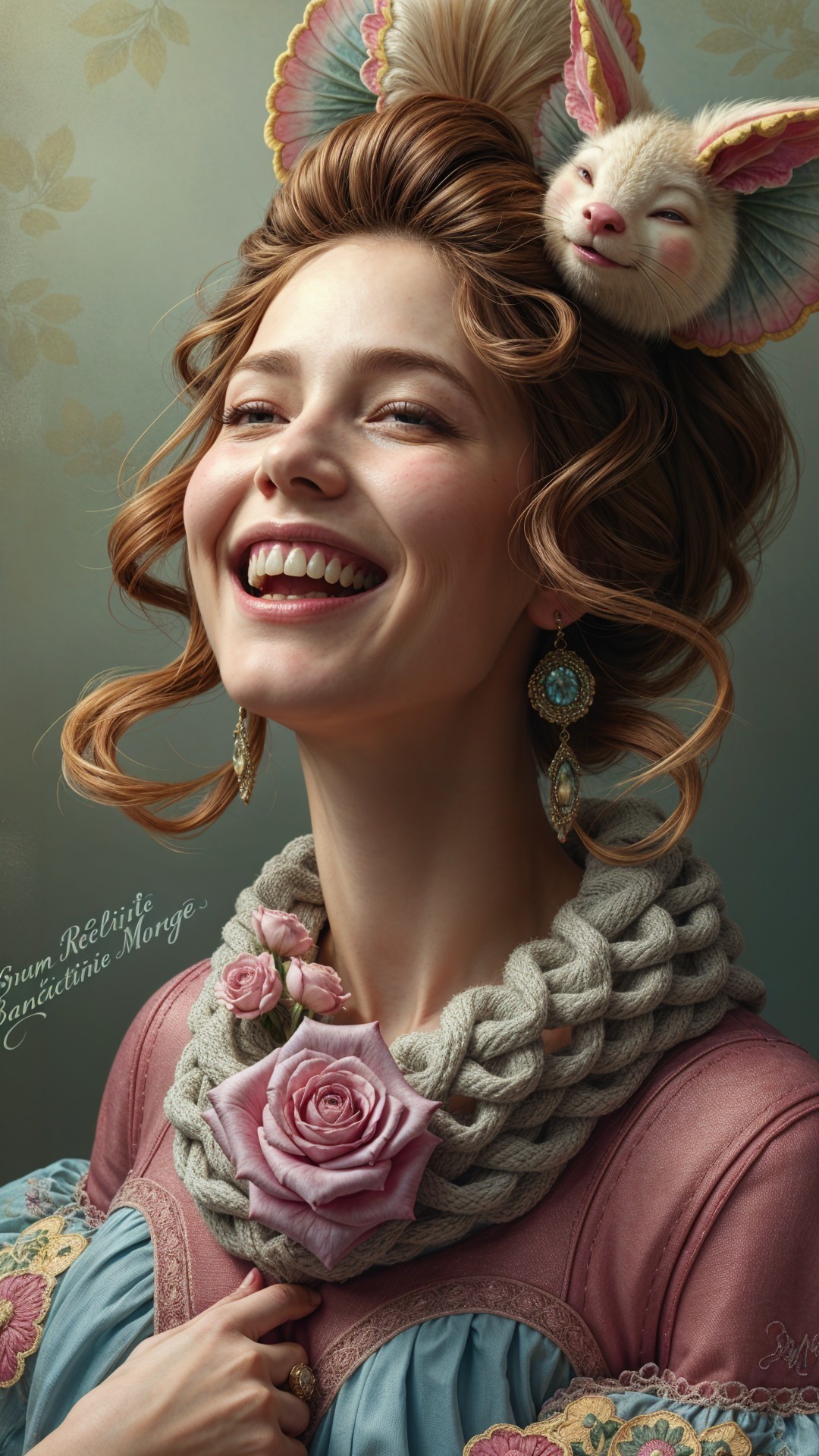 Elegant Woman with Colorful Fan and Whimsical Creature