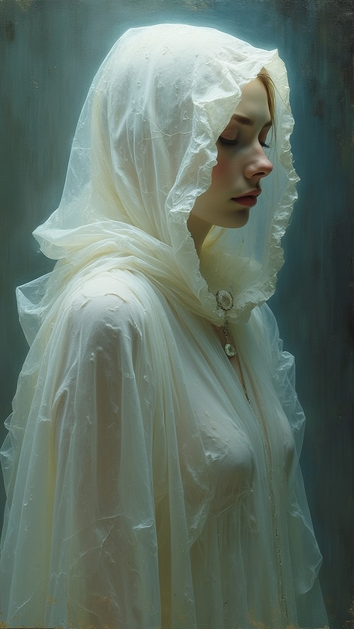 Young woman in translucent white hooded garment