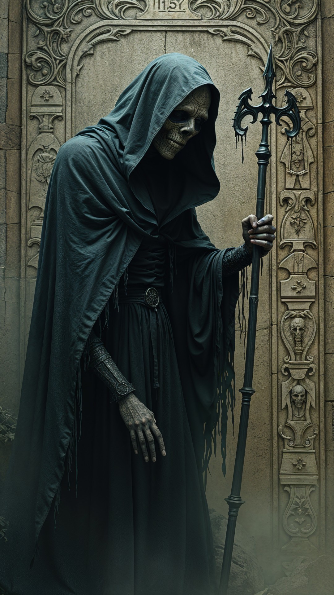 Mysterious cloaked figure with trident staff in stone setting
