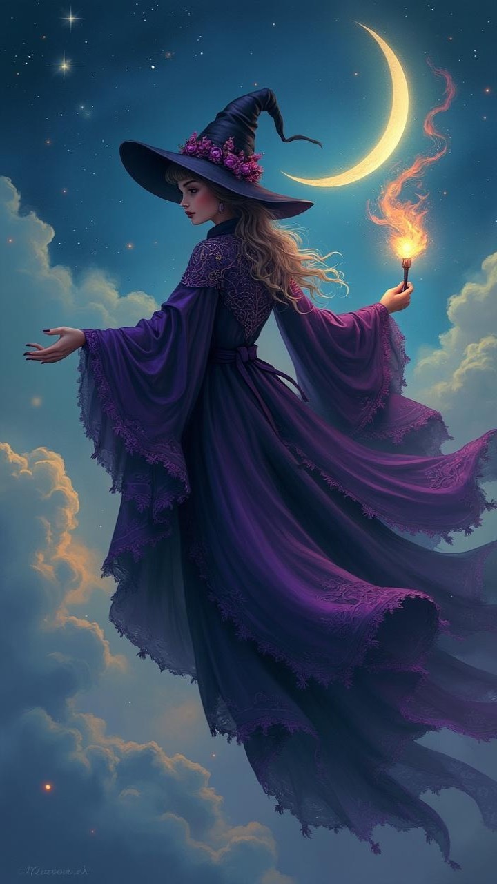 Mystical Woman in Purple Robe Among Starry Clouds