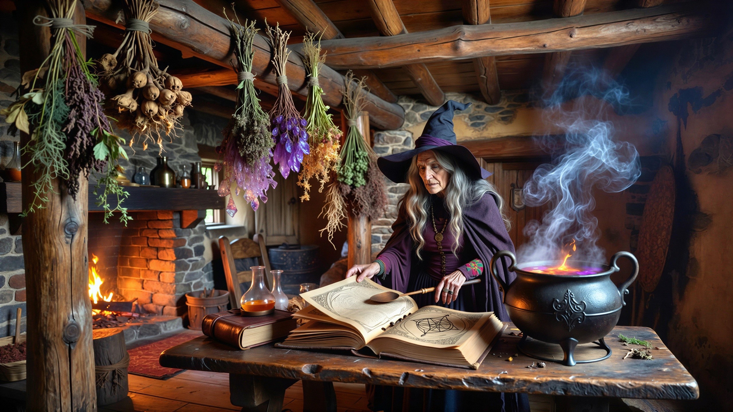 Old Witch in Rustic Room with Cauldron and Spellbook
