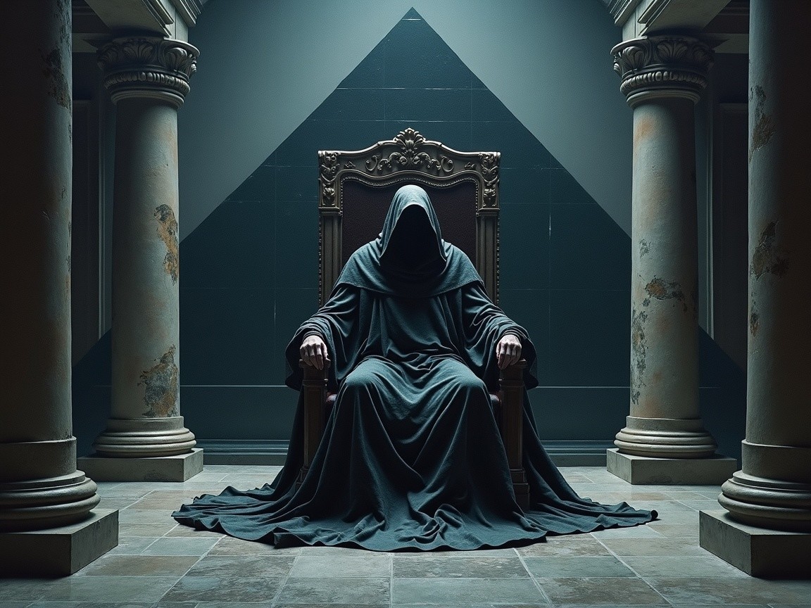 Cloaked Figure on Throne in Dark, Mysterious Setting