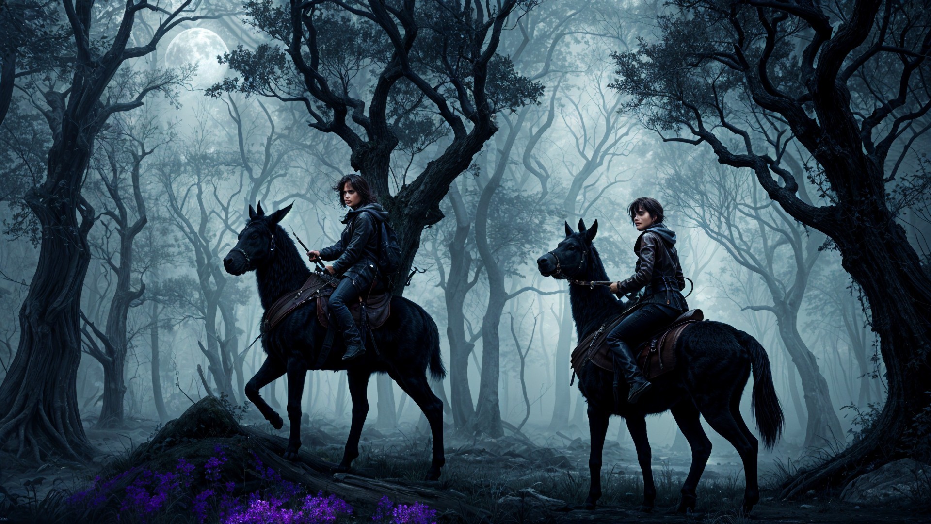 Mystical forest with riders on black horses at night