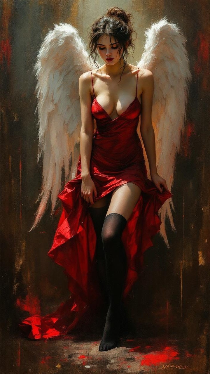 Figure with White Wings in Red Dress and Moody Background