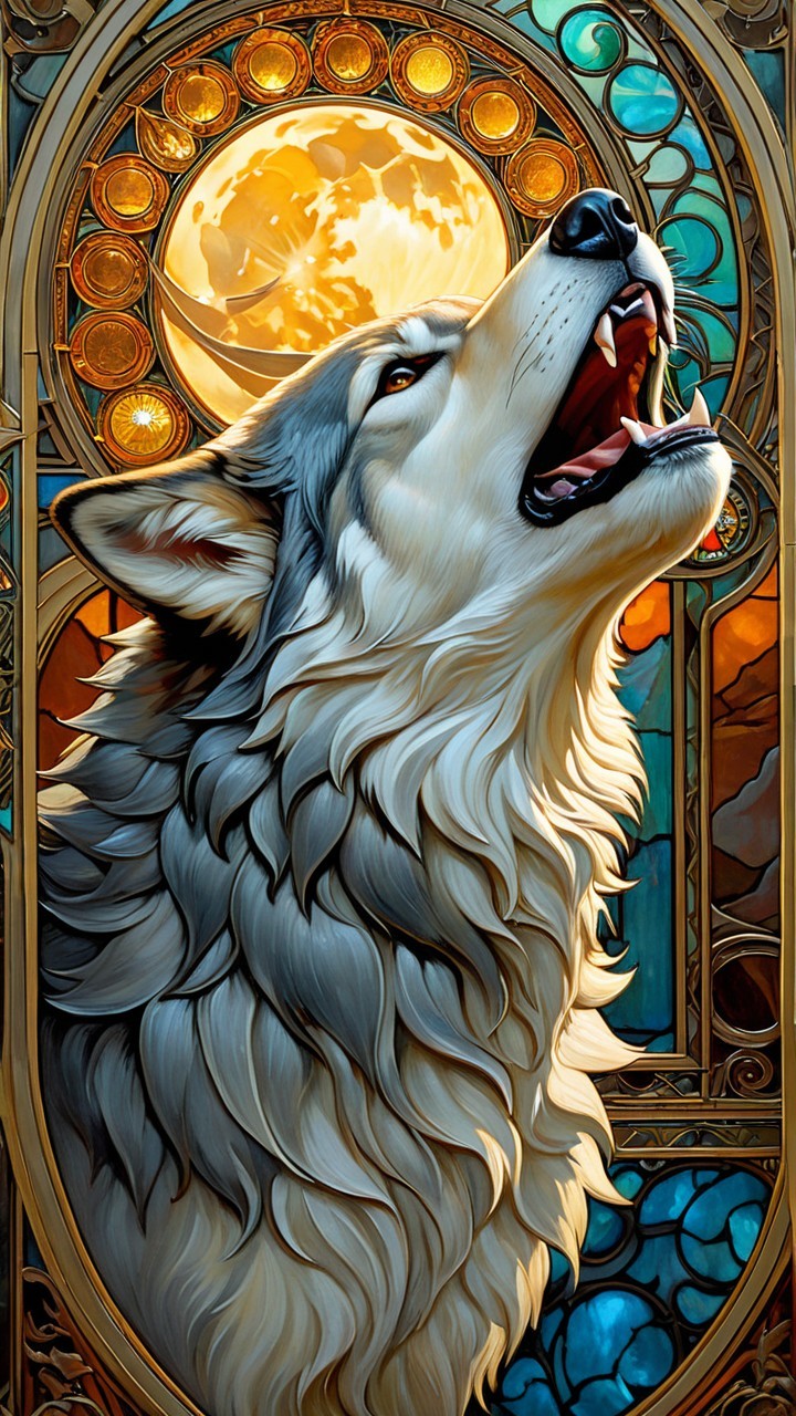 Wolf Howling Under Full Moon with Stained Glass Background