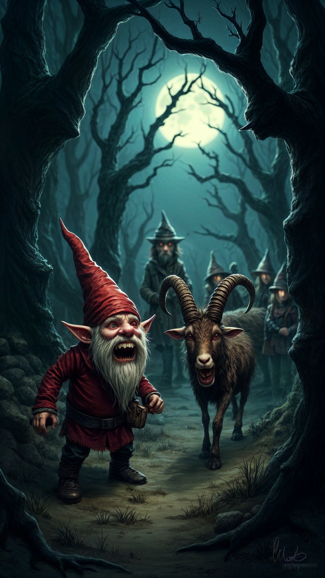 Mystical Forest Scene with Gnome and Horned Goat