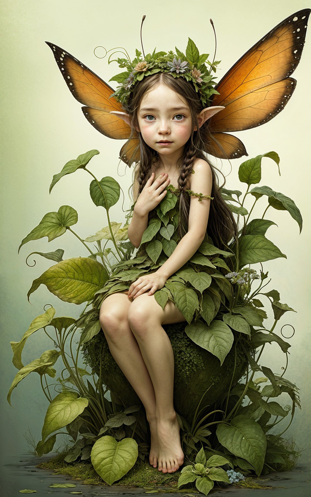 Whimsical fairy in lush greenery with butterfly wings