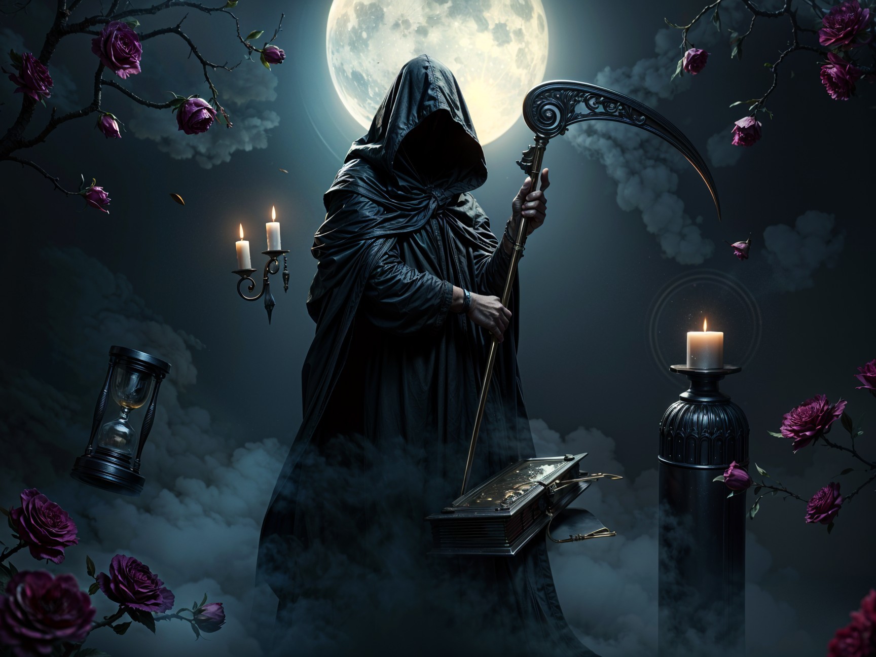 Cloaked Figure in Moonlit Landscape with Scythe and Symbols
