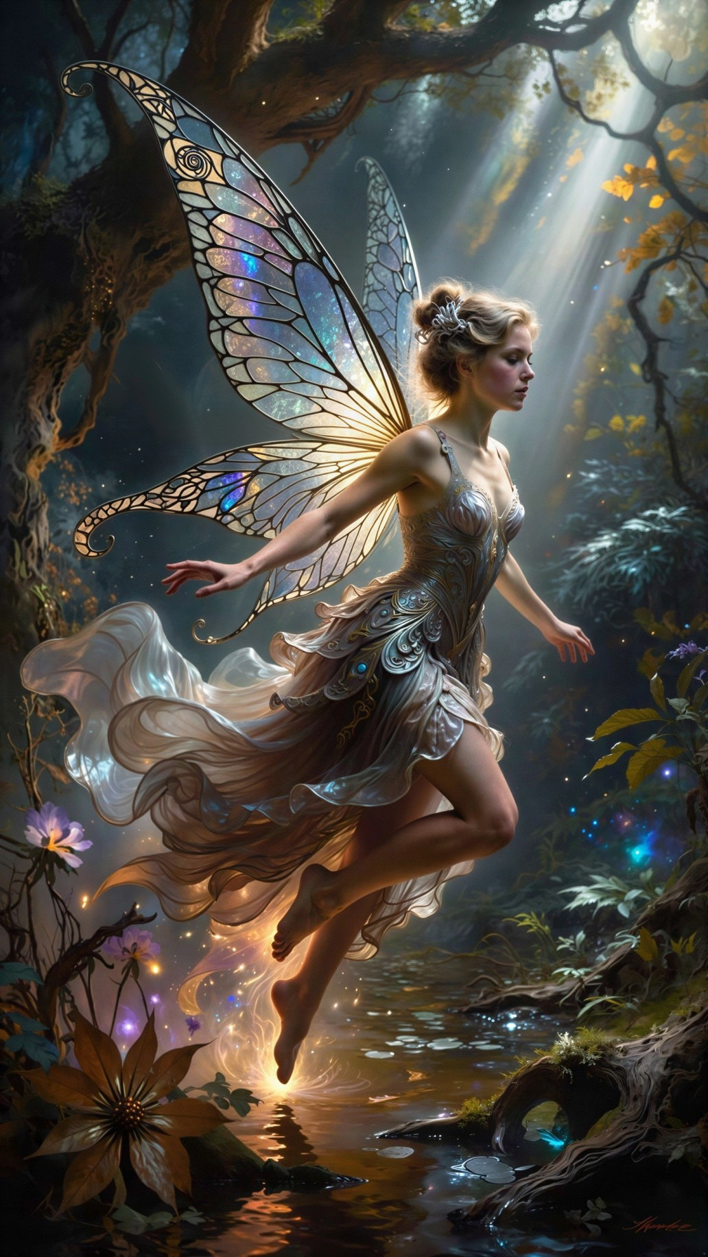 Fairy with Shimmering Wings in Fantasy Forest Setting
