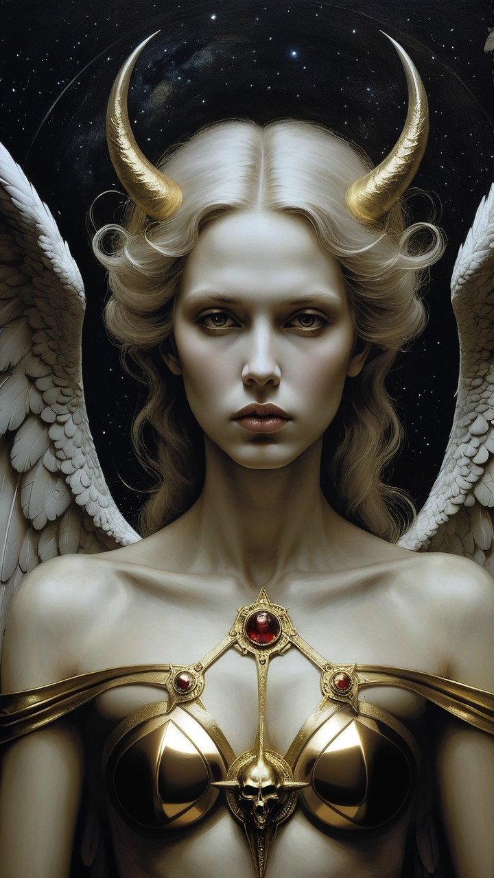 Celestial Figure with Wings and Cosmic Background