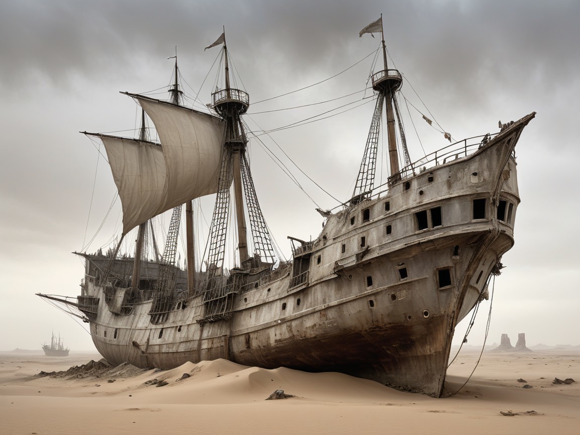 Shipwrecked galleon in a desert landscape scene
