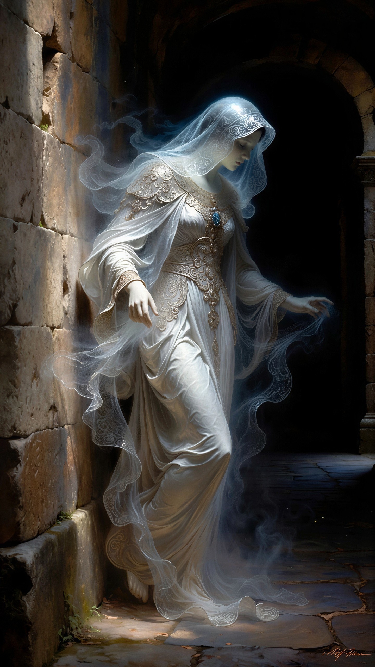 Ghostly Female Figure in Dim Ancient Stone Hallway