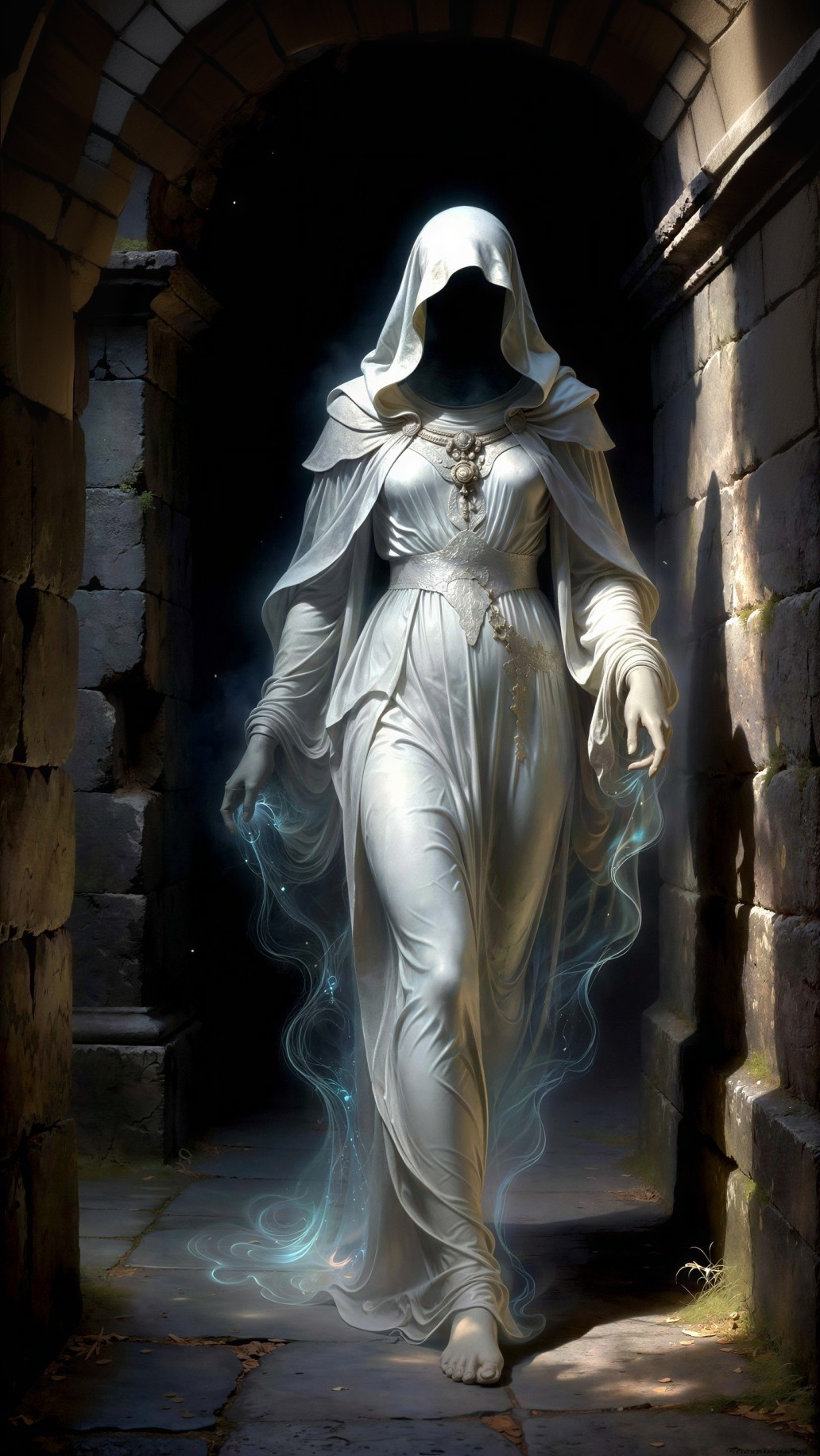 Mysterious Figure in Dark Vaulted Passageway