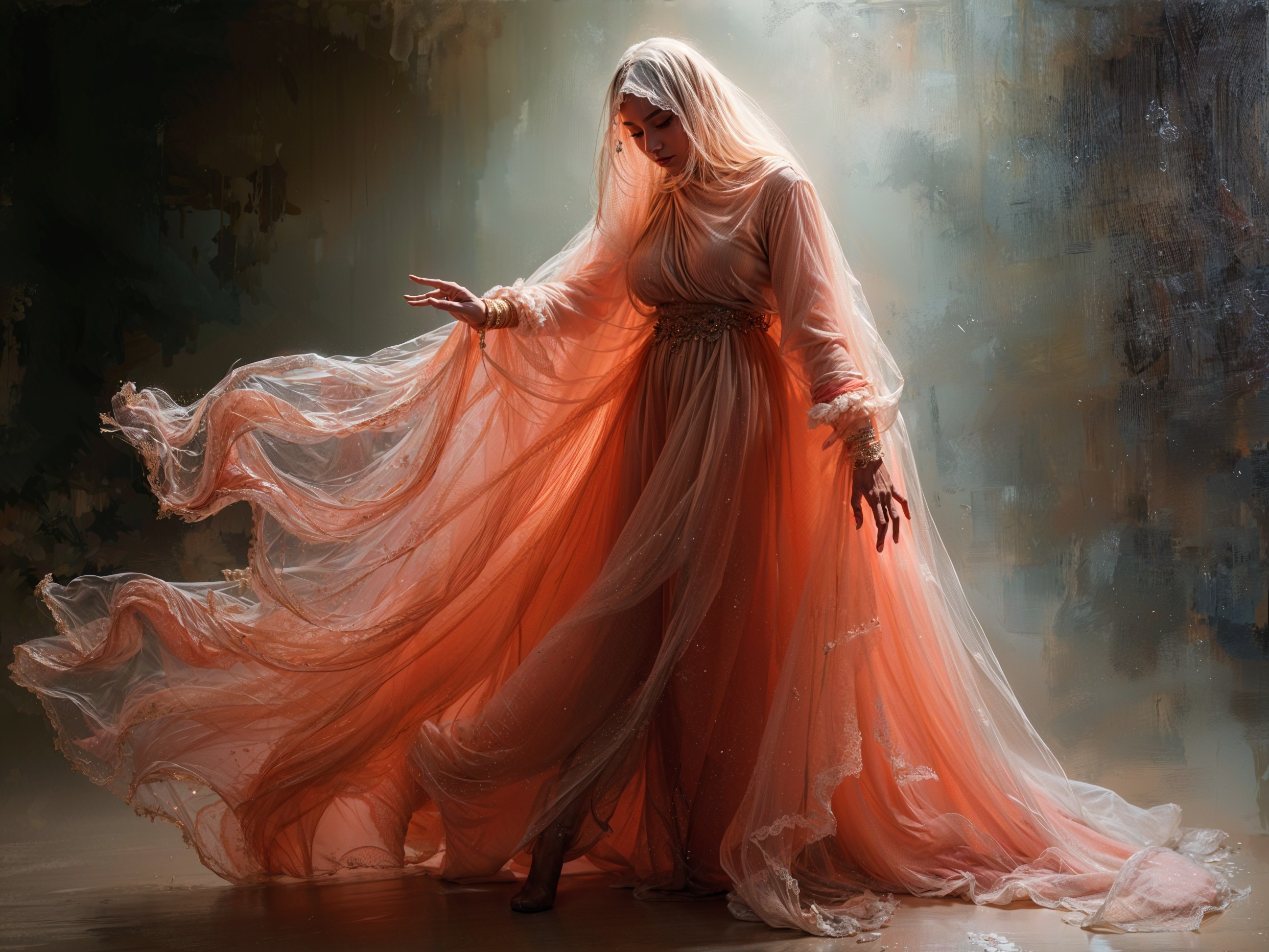 Graceful dancer in ethereal peach gown and veil