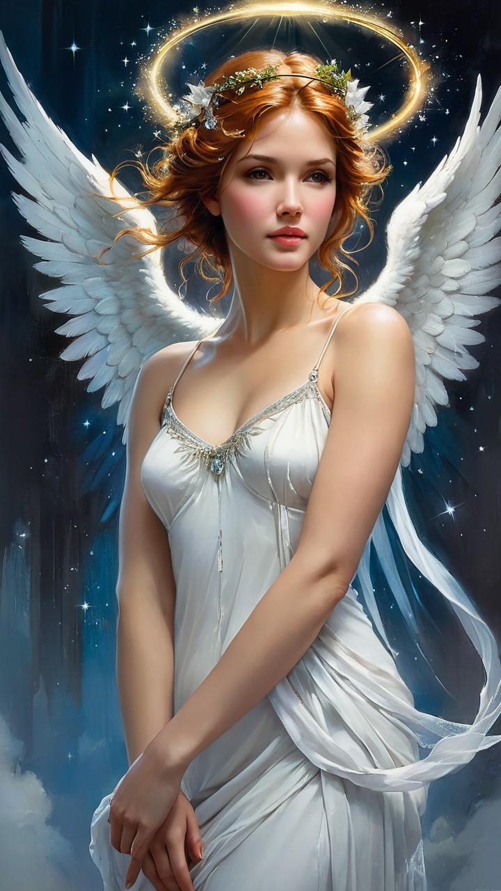Angelic Figure with Golden Hair and Feathery Wings