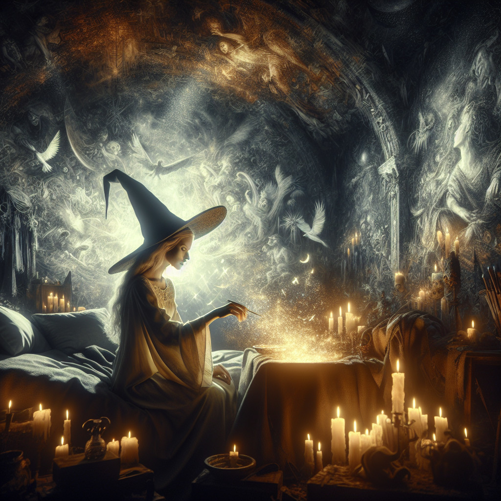 Witch Conjures Magic in Enchanting Candlelit Chamber