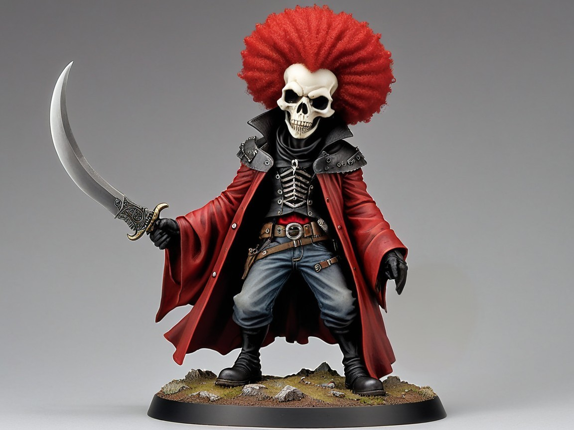 Skeleton Figure with Red Afro and Curved Sword