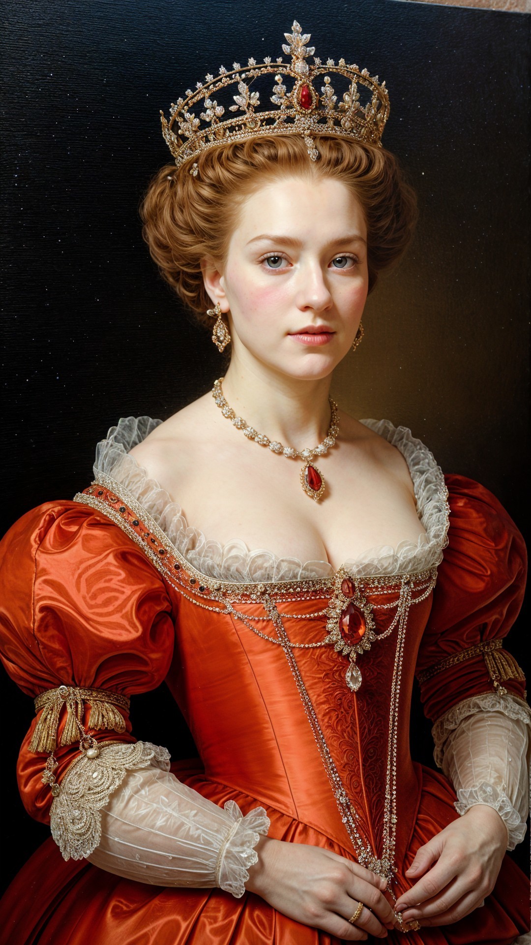 Regal Woman in Orange Gown with Crown and Jewelry