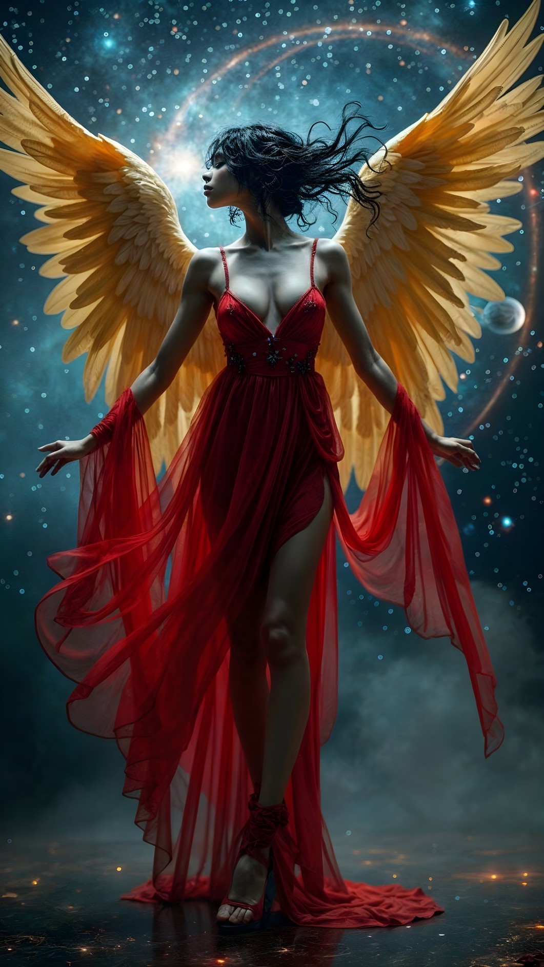 Majestic Figure with Golden Wings and Cosmic Backdrop