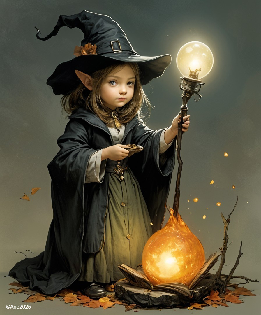 Young girl witch with magical orb and autumn leaves