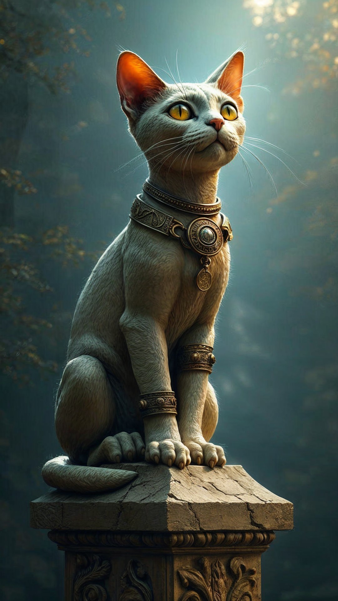 Regal Cat with Golden Eyes on Ornate Pedestal